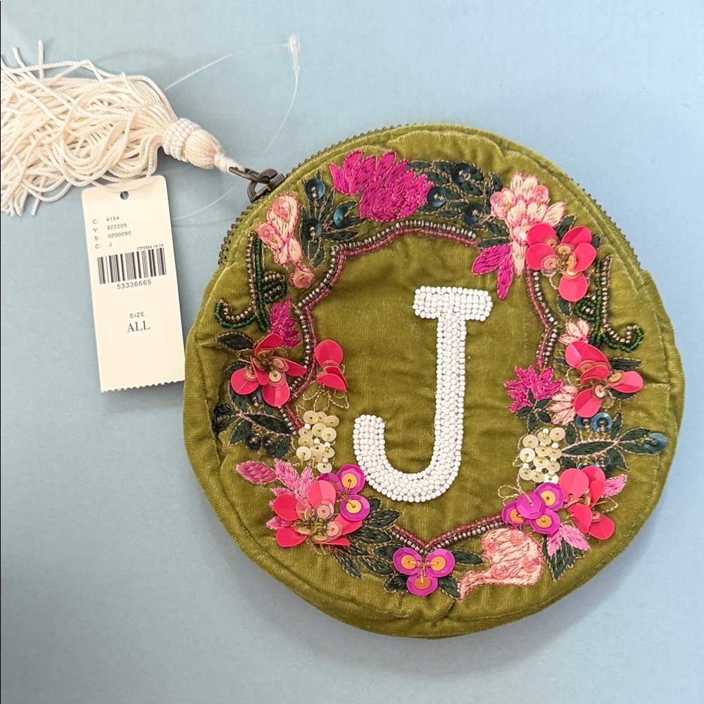 Anthropologie Olive Floral Embellished Pouch